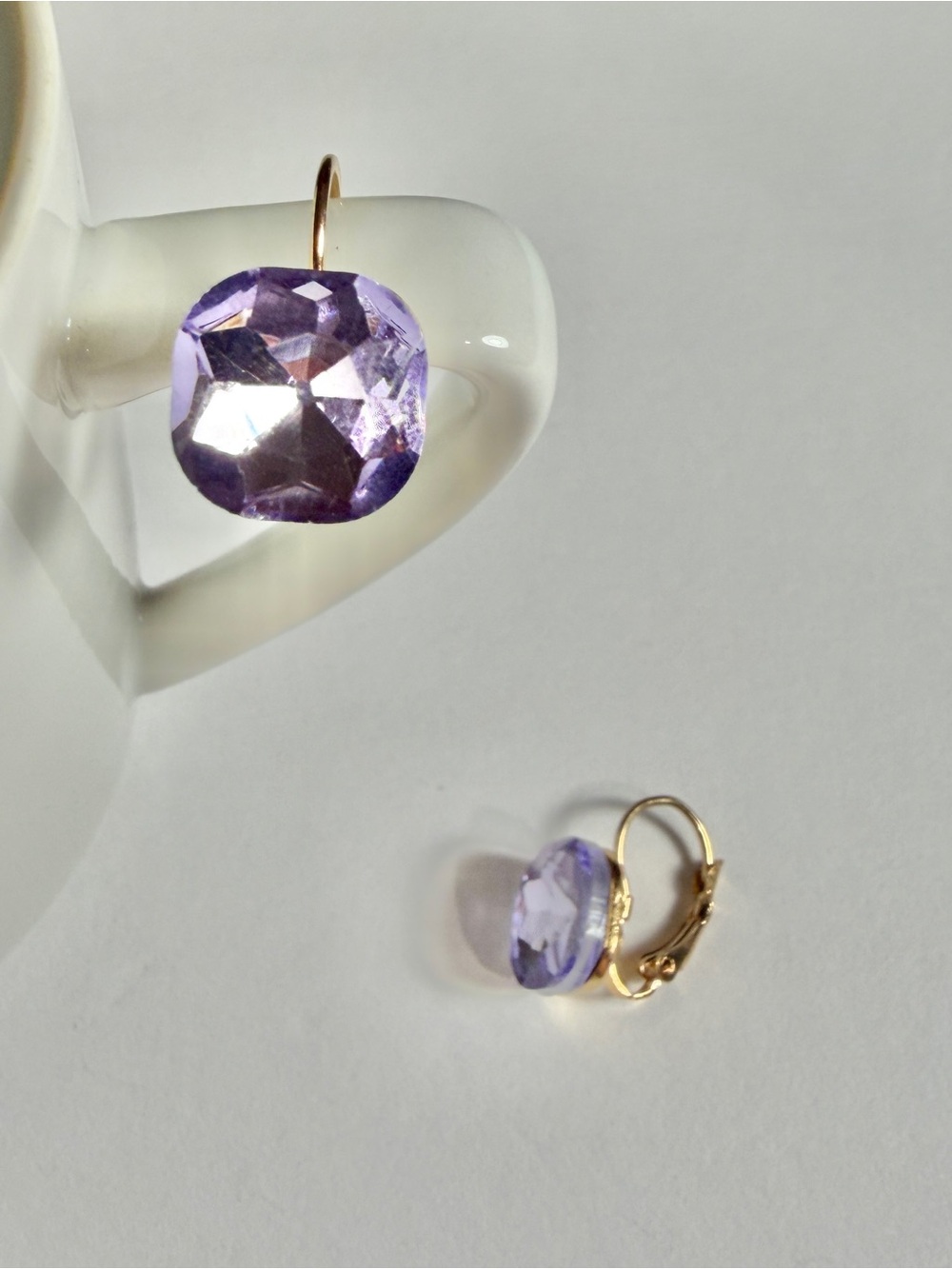 Gold Leverback Earrings with Light Purple Crystal